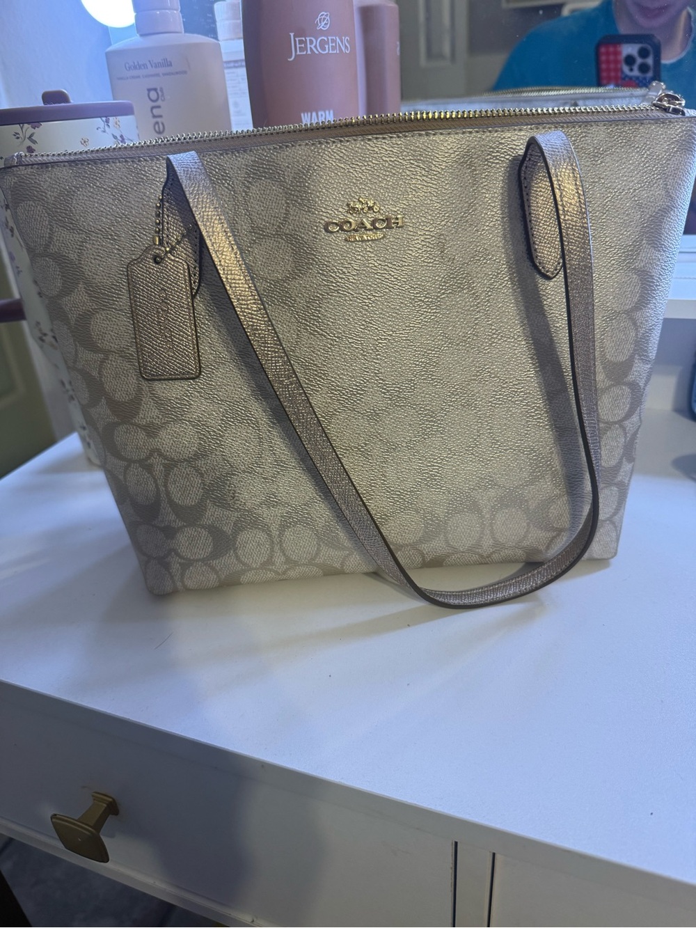 Coach Metallic Signature Tote in Shimmering Champagne